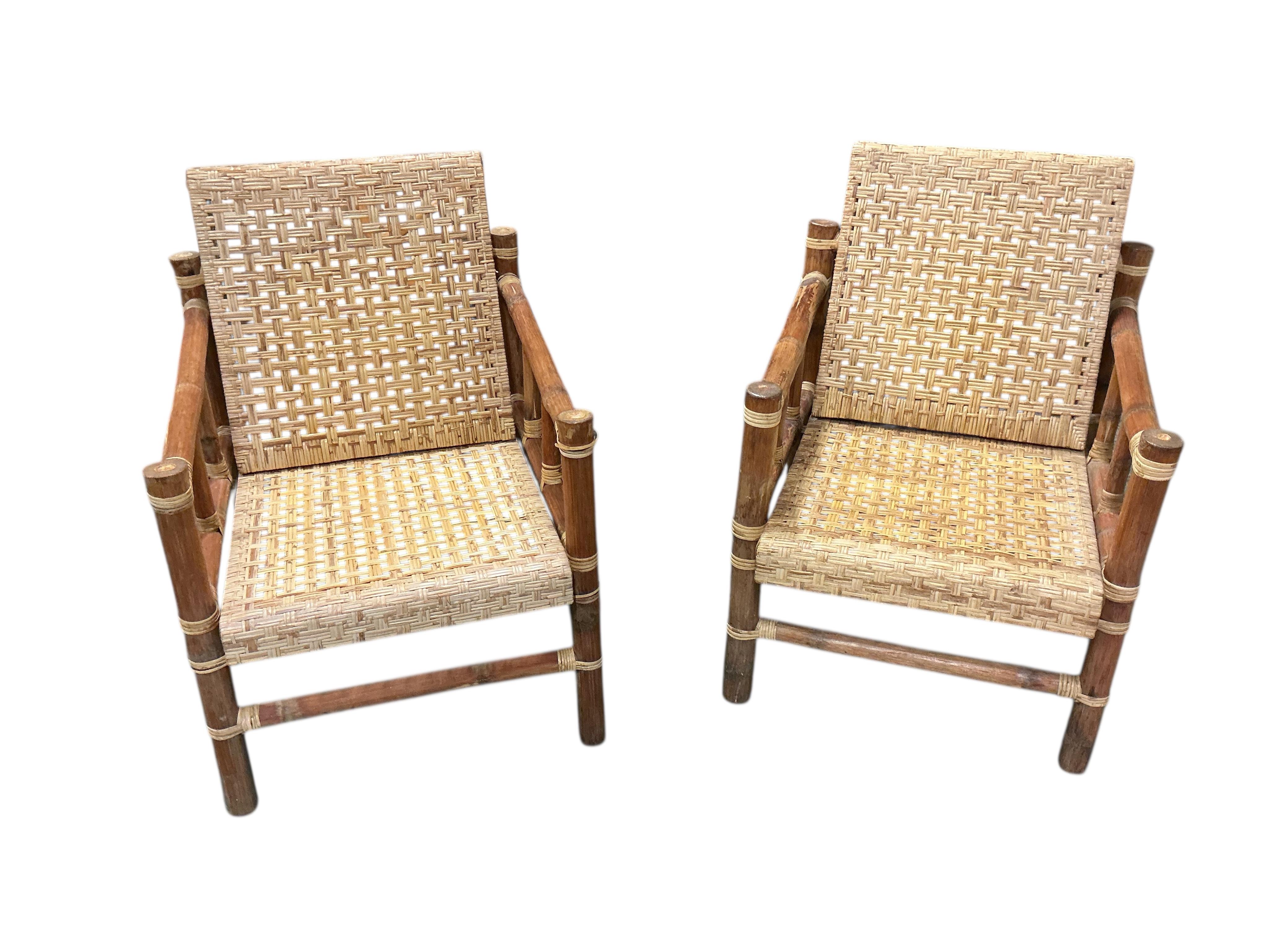 A set of four mid century caned bamboo lounge chairs, width 60cm, depth 60cm, height 80cm